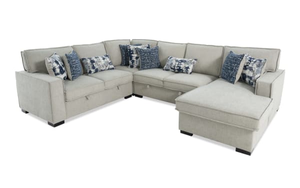 Playmax Gray 124" 4-piece right arm facing sectional with storage chaise, gray polyester fabric, transitional style, USB/USB-C ports, and accent pillows.