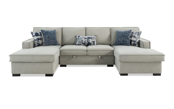 Transitional Playmax Gray 120" 3-piece fabric polyester sectional with dual chaise, storage, USB & USB-C ports, and accent pillows.