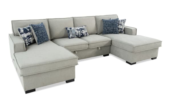 Playmax Gray 120'' 3-piece transitional fabric sectional with dual chaise, polyester upholstery, memory foam seating, built-in USB/USB-C ports, and accent pillows.