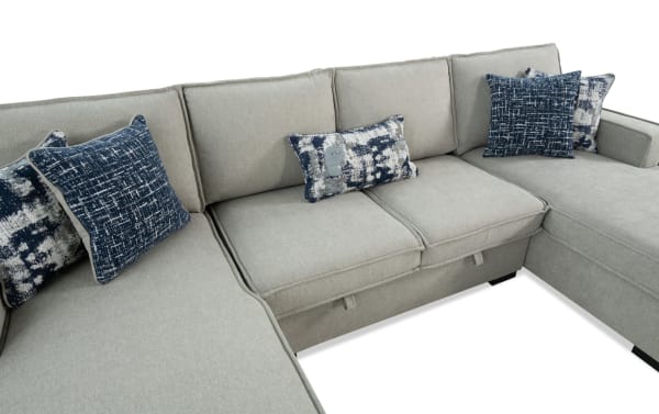 Playmax Gray 120'' 3 Piece Storage Dual Chaise Sectional in gray polyester fabric with Bob-O-Pedic memory foam seating, USB/USB-C ports, and accent pillows.