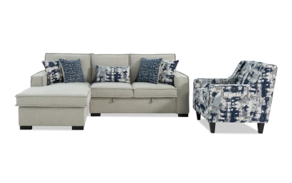 Playmax Gray 94'' 2-piece left-arm facing storage sectional with gray polyester upholstery, built-in USB/USB-C ports, memory foam seating, and matching blue patterned accent chair. Transitional style with included accent pillows for added comfort and storage.