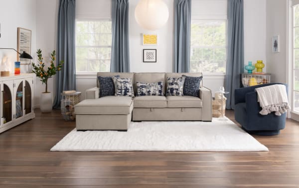 Playmax Gray 94'' 2-piece left arm facing storage sectional with gray polyester fabric, USB/USB-C ports, Bob-O-Pedic memory foam seating, and matching accent chair in transitional style.