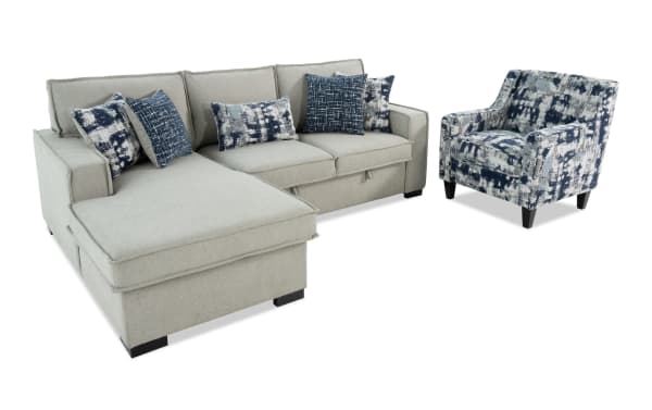 Playmax Gray 94'' 2-piece left arm facing storage sectional with built-in USB/USB-C ports, gray polyester fabric, Bob-O-Pedic memory foam seating, and matching gray patterned accent chair.