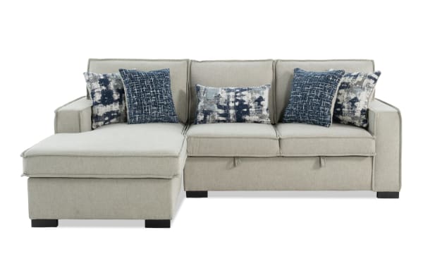 Playmax Gray 94'' 2-piece left arm facing storage sectional with gray polyester fabric, USB & USB-C ports, memory foam seating, and accent pillows.
