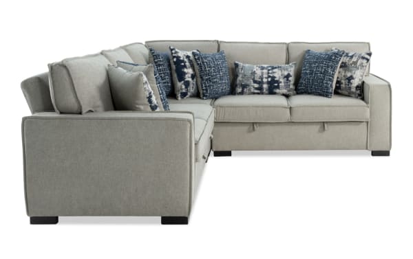 Playmax Gray 99'' 3-piece transitional sectional sofa with gray polyester fabric upholstery, built-in USB and USB-C ports, storage, and accent pillows.