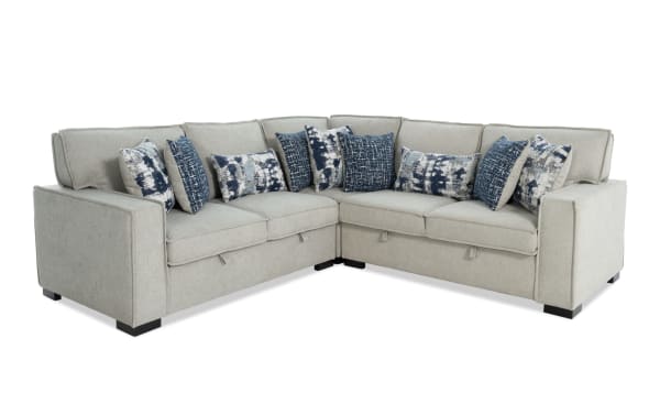 Playmax Gray 99'' 3-piece transitional fabric sectional with gray polyester upholstery, built-in USB/USB-C ports, storage, and patterned accent pillows.