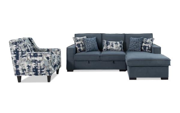 Playmax Denim 94'' 2-piece right arm facing gray fabric polyester sectional with storage chaise, USB/USB-C ports, Bob-O-Pedic memory foam seating, and patterned accent chair. Transitional style with included decorative pillows.