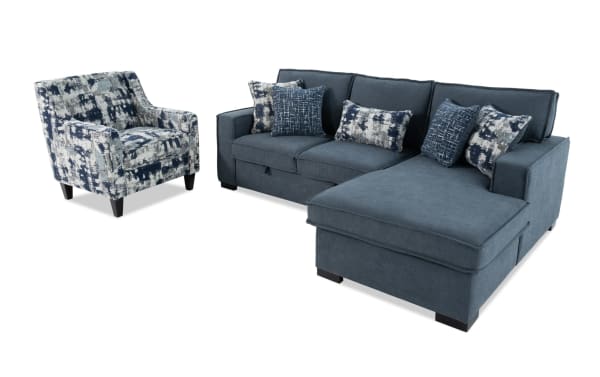 Playmax Denim 94'' gray 2-piece right arm facing storage chaise sectional with USB/USB-C ports, polyester fabric, transitional style, and patterned accent chair.