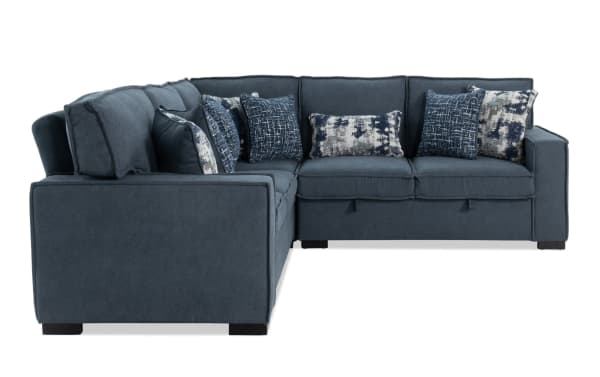 Playmax Denim 99" 3-piece left arm facing sectional in gray polyester fabric with transitional style, pop-up sleeper, USB/USB-C ports, and accent pillows.