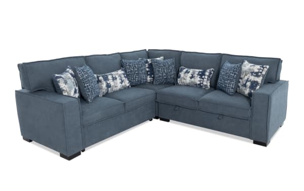 Playmax Denim 99'' 3-piece left arm facing gray fabric sectional sofa with transitional style, pop-up sleeper, USB/USB-C ports, and accent pillows.