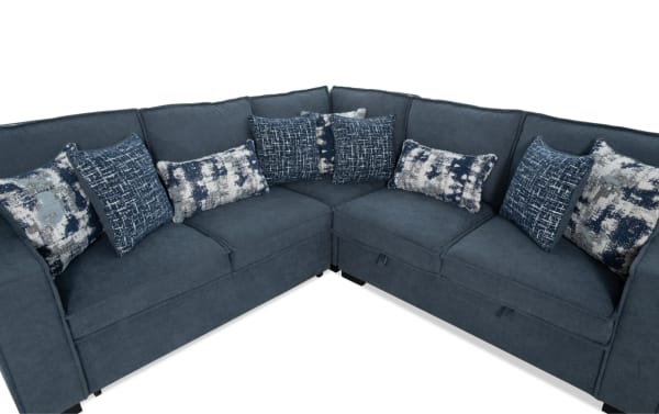 Playmax Denim 99'' 3-piece left-arm facing pop-up sleeper sectional in gray polyester fabric with transitional style, memory foam seating, USB/USB-C ports, and patterned accent pillows.