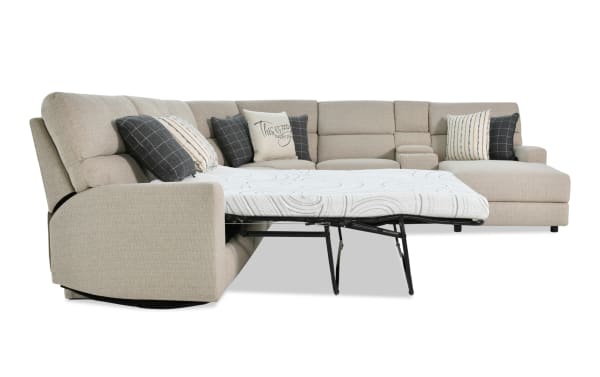 Modern Farmhouse beige 165" 6-piece right arm facing fabric polyester sectional with power reclining sleeper chaise, cooling gel mattress, power headrest, and accent pillows.