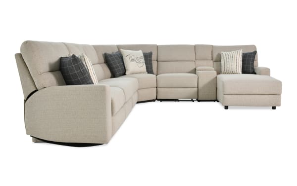Modern Farmhouse beige 6-piece right arm facing sectional sofa with power reclining seats, sleeper chaise, fabric polyester upholstery, and accent pillows.