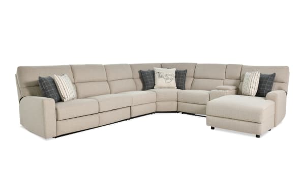 Modern Farmhouse beige 165" 6-piece right-arm fabric polyester sectional with power reclining seats, sleeper chaise, USB ports, cupholders, and accent pillows.