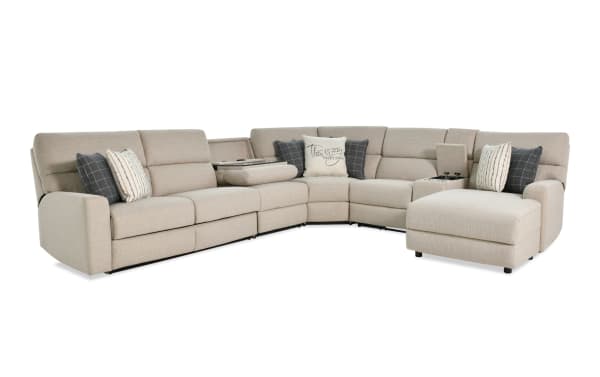 Modern Farmhouse beige 6-piece right-arm power reclining sleeper sectional with fabric polyester upholstery, power headrest, USB ports, cupholders, and pull-out cooling gel mattress.