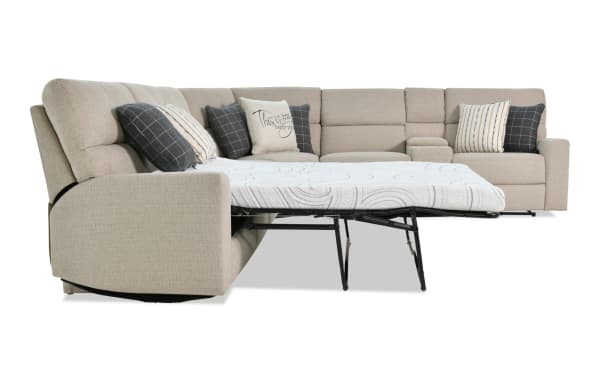 Modern Farmhouse beige 165" 6-piece right arm facing power reclining sleeper sectional with polyester fabric, power headrest, pull-out cooling gel mattress, and accent pillows.