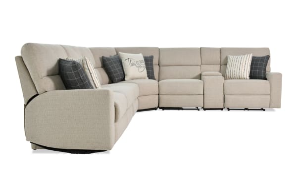 Modern Farmhouse beige 6-piece right-arm facing power reclining sleeper sectional with polyester fabric, power headrests, cupholders, USB ports, and accent pillows.