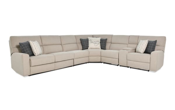 Modern Farmhouse beige 165" 6-piece right arm facing power reclining sleeper sectional in polyester fabric with power headrest, USB ports, cupholders, and accent pillows.