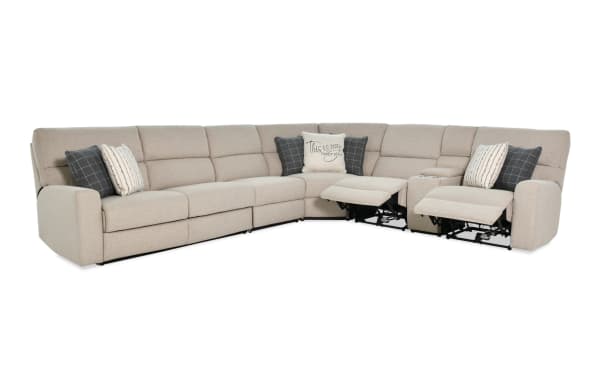 Modern Farmhouse beige 165" 6-piece right arm facing power reclining sleeper sectional in polyester fabric with power headrests, USB ports, cupholders, and accent pillows.