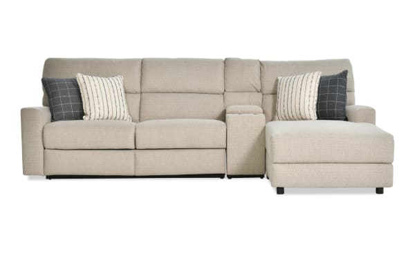 Modern Farmhouse beige 3-piece right-arm fabric sectional with power reclining seats, sleeper chaise, USB ports, cupholders, and accent pillows.