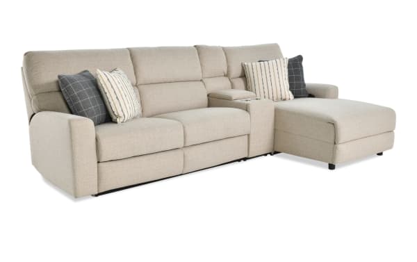 Modern Farmhouse beige 3-piece right-arm fabric sectional with power reclining seats, sleeper chaise, power headrest, USB ports, cupholders, and storage.