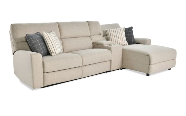 Modern Farmhouse beige 3-piece right arm facing power reclining sleeper chaise sectional with polyester fabric, power headrest, USB ports, cupholders, and cooling gel mattress.