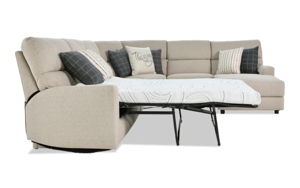Modern Farmhouse beige 5-piece right-arm power reclining sleeper chaise sectional with polyester fabric, power headrest, accent pillows, and cooling gel mattress.