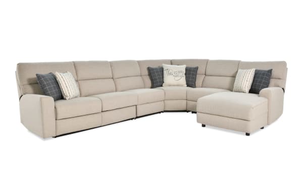 Modern Farmhouse beige 164" 5-piece right arm facing power reclining sleeper chaise sectional in polyester fabric with accent pillows, USB ports, and hidden storage.