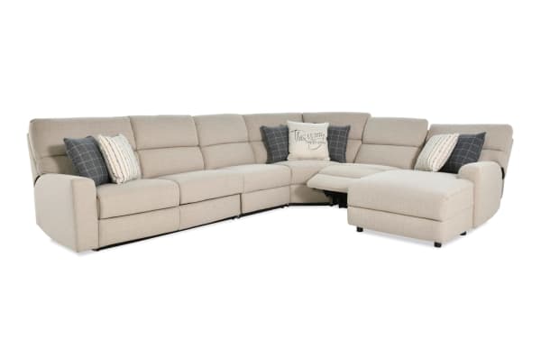 Modern Farmhouse beige 164" 5-piece right arm facing power reclining sleeper chaise sectional with polyester fabric, power headrest, accent pillows, and pull-out cooling gel mattress.