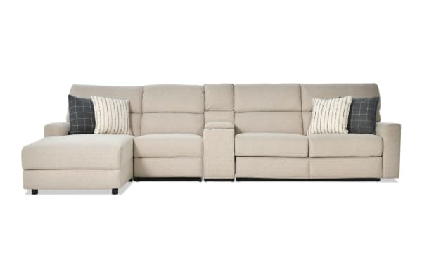 Modern Farmhouse beige 4-piece left arm facing power reclining sleeper chaise sectional in polyester fabric, with power headrest, accent pillows, and transitional style.