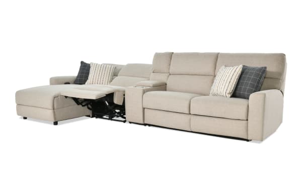 Modern Farmhouse beige 4-piece left arm facing power reclining sleeper sectional with fabric upholstery, power headrests, USB ports, cupholders, and pull-out cooling gel mattress.