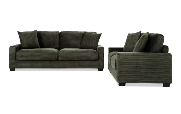 Aspen Forest 86'' Sofa and 61'' Loveseat set in green polyester fabric, transitional style with plush cushions, Bob-O-Pedic® Memory Foam, and accent pillows.