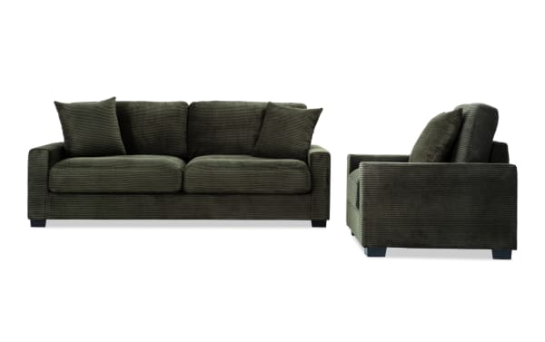 Aspen Forest 86'' green sofa and chair set in transitional style, featuring plush polyester fabric upholstery and cushy memory foam cushions.