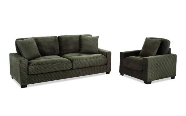 Aspen Forest 86'' Sofa & Chair set in green polyester fabric, transitional style with plush cushions, memory foam, and accent pillows for cozy living rooms.