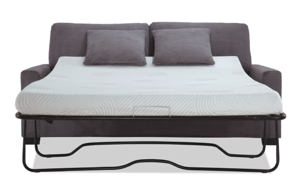 Aspen Charcoal 78'' Transitional Sleeper Sofa with plush polyester fabric upholstery, two matching accent pillows, and a queen gel memory foam mattress.