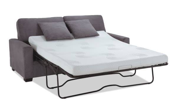 Aspen Charcoal 78'' transitional sleeper sofa with plush polyester fabric upholstery, queen gel memory foam mattress, and accent pillows for versatile comfort.