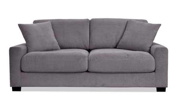 Aspen Charcoal 78'' transitional sleeper sofa with plush polyester fabric upholstery, two matching accent pillows, and cushy gel memory foam mattress.