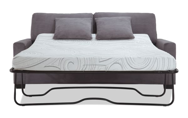 Aspen Charcoal 78'' transitional sleeper sofa with plush polyester fabric, two matching accent pillows, and queen-size cooling gel memory foam mattress.