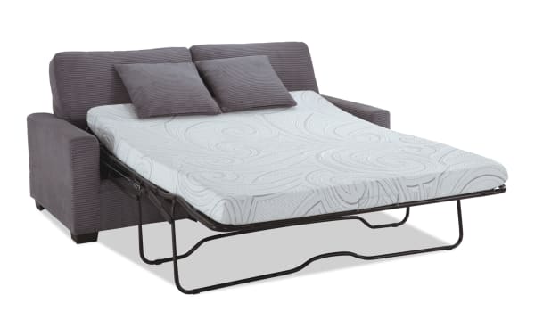 Aspen Charcoal 78'' transitional sleeper sofa with plush gray polyester upholstery, queen cooling gel memory foam mattress, and matching accent pillows.
