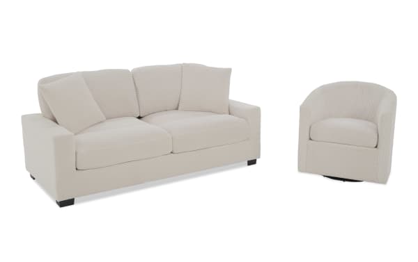 Beige corduroy fabric sofa set featuring a two-seater couch with cushions and a matching swivel armchair, ideal for modern living rooms.