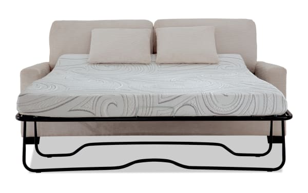 Aspen Beige 78'' transitional sleeper sofa with plush polyester fabric, queen cooling gel memory foam mattress, and matching accent pillows.
