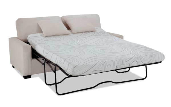 Aspen Beige 78'' transitional sleeper sofa with plush polyester fabric upholstery, queen-sized cooling gel memory foam mattress, and matching accent pillows for versatile comfort and style.