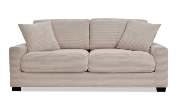 Aspen Beige 78'' transitional sleeper sofa in soft beige polyester fabric with plush cushions and accent pillows, featuring a queen cooling gel memory foam mattress.