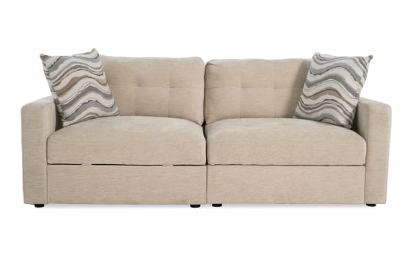 Beige Modular Bob® 86" 2-piece storage loveseat with left and right arm facing storage chairs, contemporary style, polyester fabric upholstery, memory foam cushions.