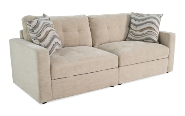 Beige Modular Bob® 86'' 2-piece contemporary loveseat with left and right arm facing storage chairs, soft polyester fabric, and memory foam cushions.