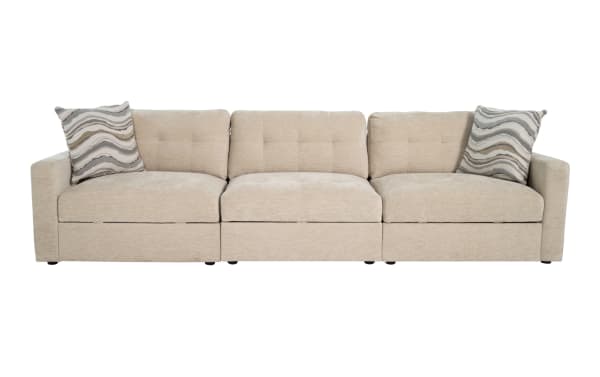 Beige Modular Bob® 123'' 3-piece contemporary storage sofa with polyester fabric upholstery, memory foam cushions, and two patterned throw pillows.