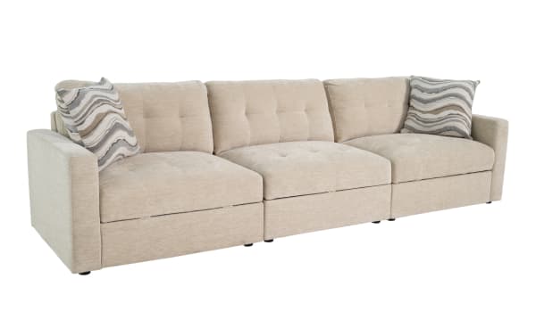Beige Modular Bob® 123" 3-piece contemporary storage sofa with plush polyester fabric, memory foam cushions, and versatile sectional design.