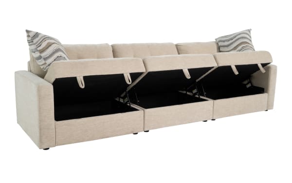 Beige Modular Bob® 123" 3-piece contemporary storage sofa with armless, left and right arm facing chairs, polyester fabric, memory foam cushions, and under-seat storage compartments.