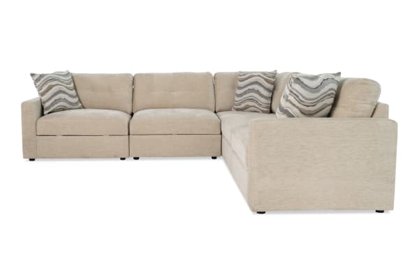 Beige Modular Bob® 117'' 5-piece contemporary sectional sofa with storage, polyester fabric upholstery, memory foam cushions, and patterned throw pillows.
