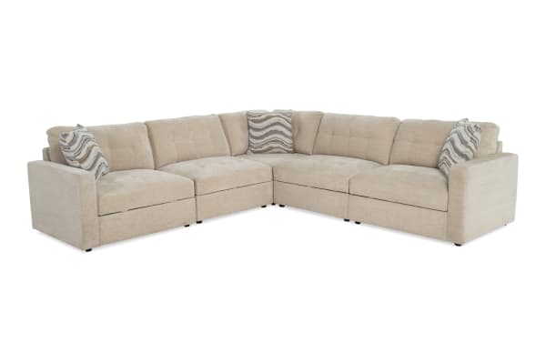 Beige Modular Bob® 117'' 5-piece contemporary sectional sofa with polyester fabric upholstery, memory foam cushions, and built-in storage seats.